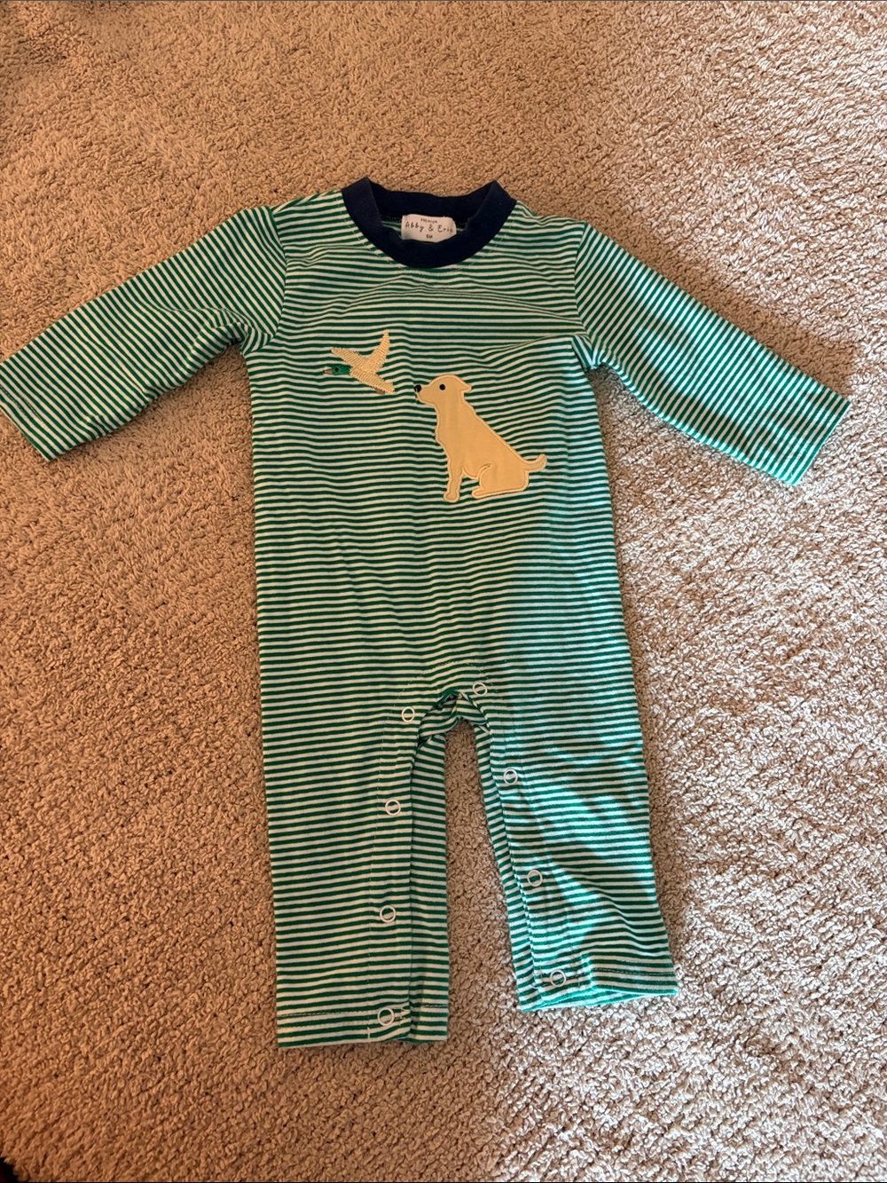 Striped Green & White Baby Onesie with Yellow Dog Applique